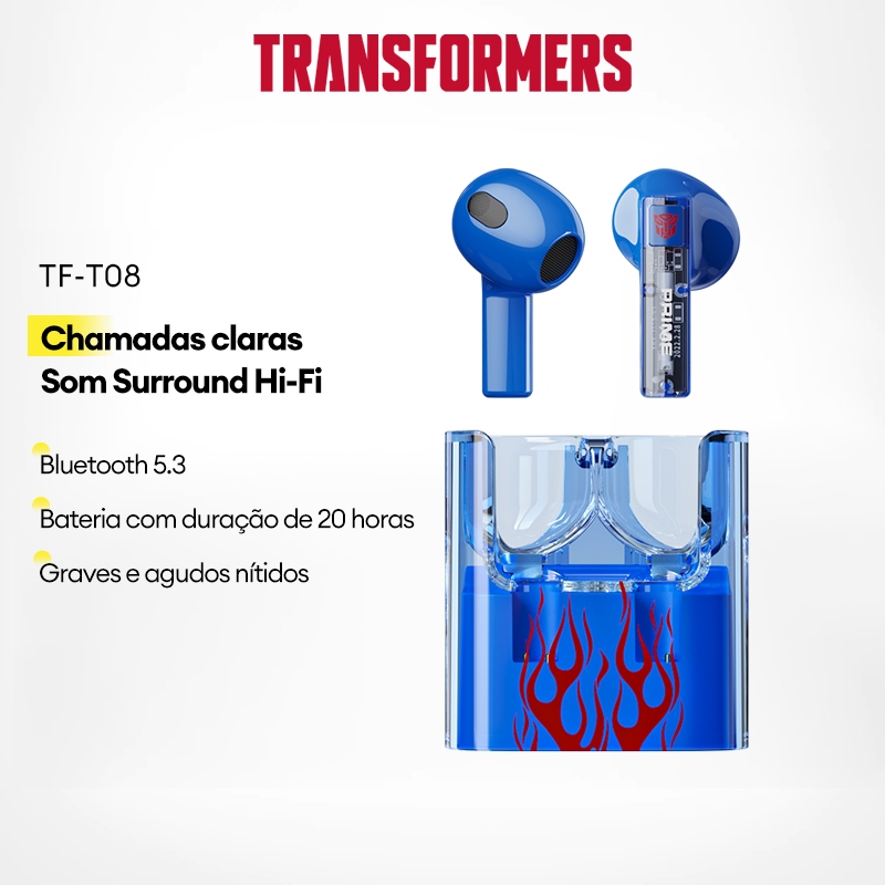 Transformers TF-T08 Fones de ouvido sem fio com qualidade de som HD e baixa latência com microfone