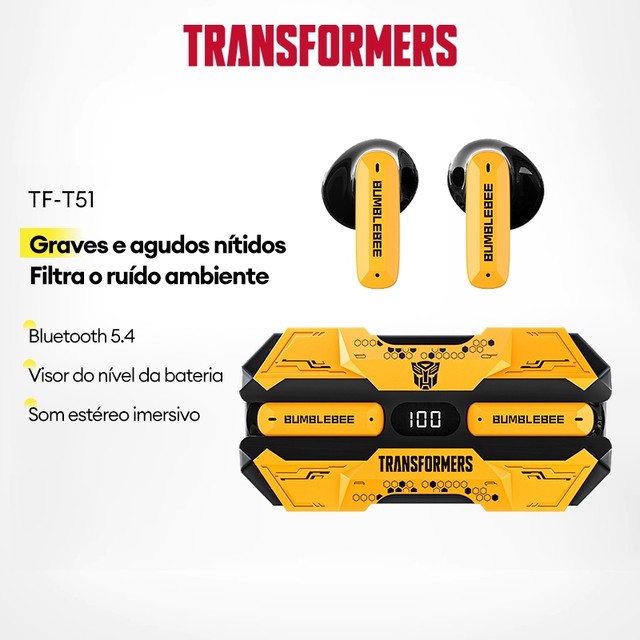 Transformers TF-T51 Fones De Ouvido Bluetooth Sem Fio atraso Indicador de energia