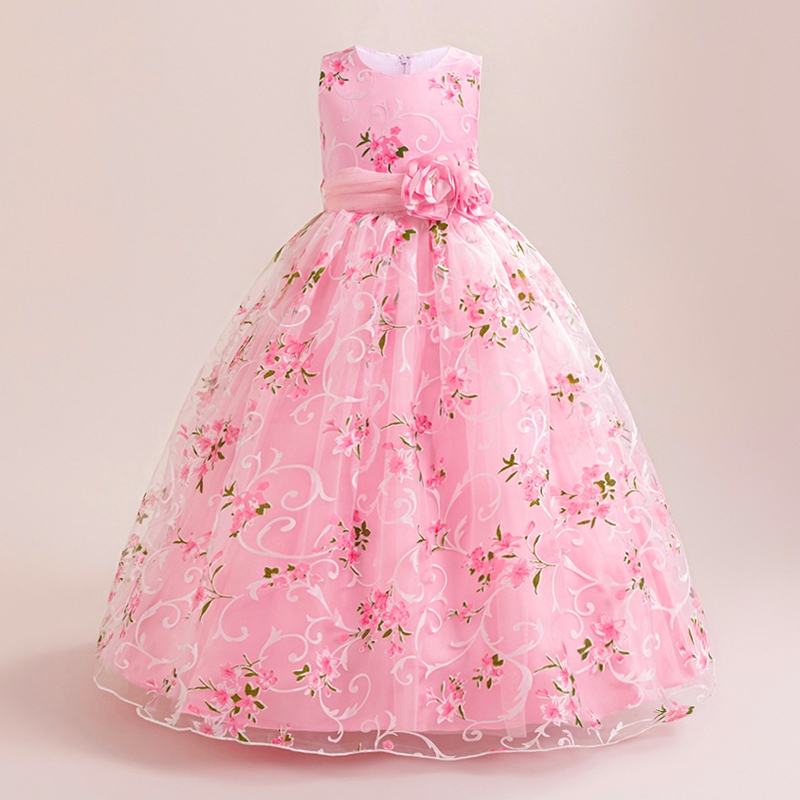 Flor Vestido De Dama De Honra Meninas Crianças Princesa Trajes Longos Vestidos De Noite Rosa Menina Casamento ALP-0026