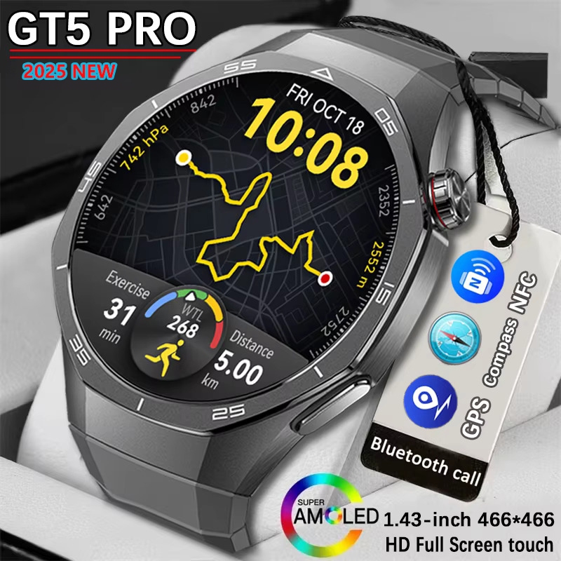 2024 Novo GT5 Pro Smartwatch Relógio Inteligente Masculino 5 AMOLED Tela HD NFC Bluetooth Chamada GPS Trajetória Freqüên