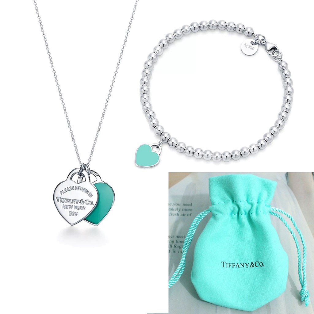 Definir Kit Conjunto Colar E Pulseira Bracelete T Coração Azul 925 Pulseiras Corrente De Prata Com Saco De Veludo