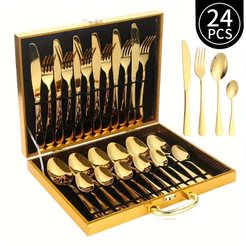Jogo Talheres 24 Peças Faqueiro Dourado Aço Inox Premium Luxo Com Maleta