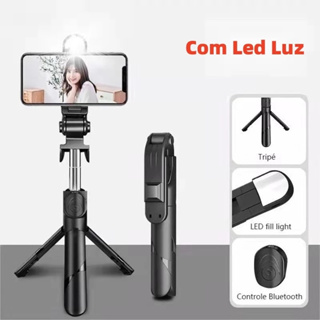 Bastão Pau de selfie Tripé Retrátil Com Luz LED Controle Bluetooth Celular em Oferta na Shopee