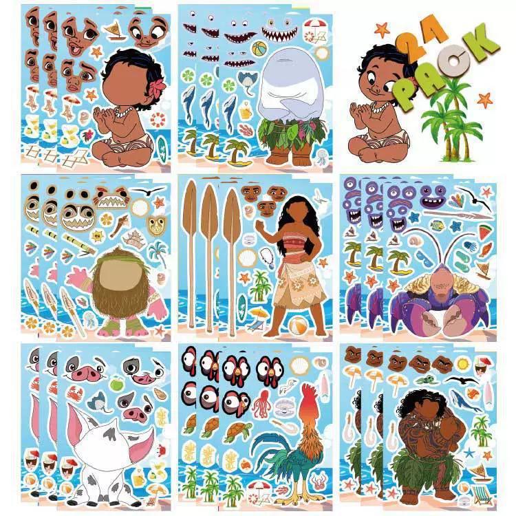 24 Folhas Moana Quebra-Cabeça Adesivos Jogo Fazer Um Rosto Crianças Montar Jigsaw DIY Decoração Brinquedos Educativos Fe