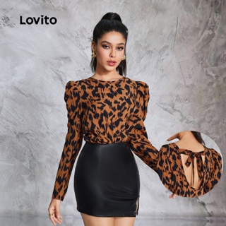 Lovito Blusa Abertura nas Costas Manga Longa com Estampa de Leopardo Feminina LBE02043 em Oferta na Shopee