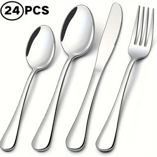 24 Peças Talheres Prata de Aço Inox Garfo Colher Faca Colher De Mesa