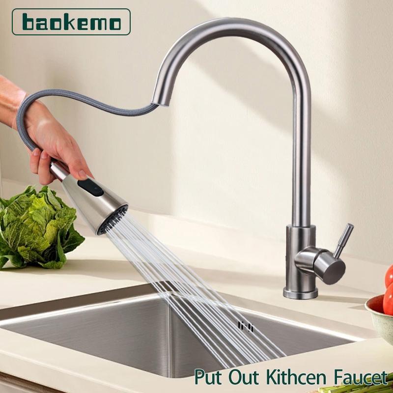 Baokemo Torneira p/ Pia Gourmet Monocomando - Extensor Retrátil Aço Inox 304 Escovado Água Quente/Fria