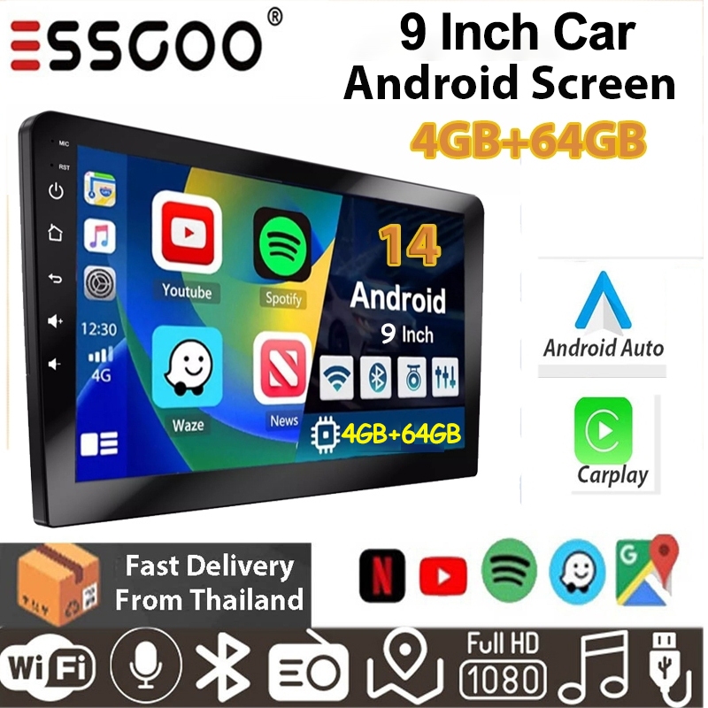 ESSGOO Bluetooth Carro MP5 Player 9 2 Din 4 + 64GB Android Tela De Lmagem Invertida Toque Sem Fio Carplay E Multimídia