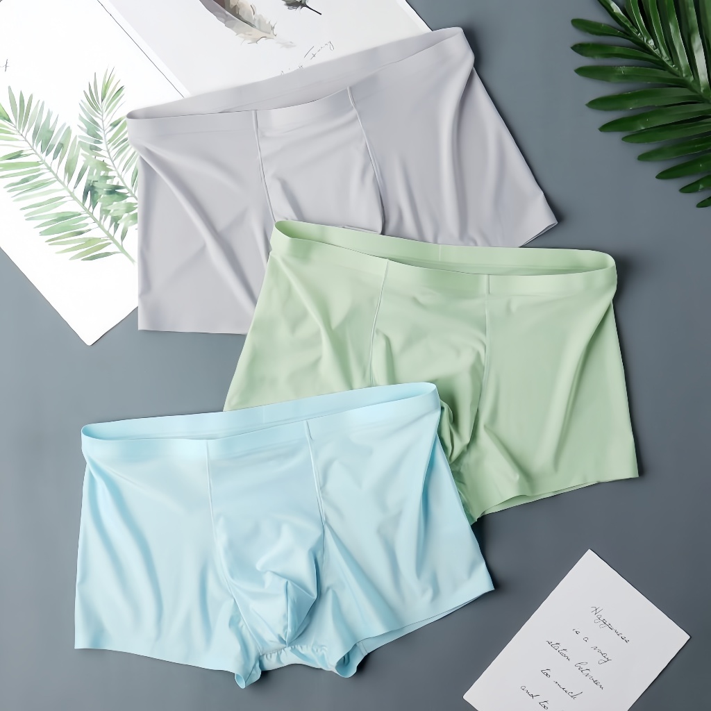 Roupa Interior Masculina De Seda Gelo Respirável Dupla Camada Confortável Cor Sólida Boxer De Cintura Média