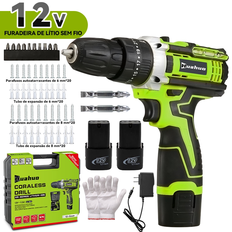 Parafusadeira Furadeira 12V 1 Baterias Sem Fio Impacto Com Maleta Completo Broca Bits Maleta (110V/220V).