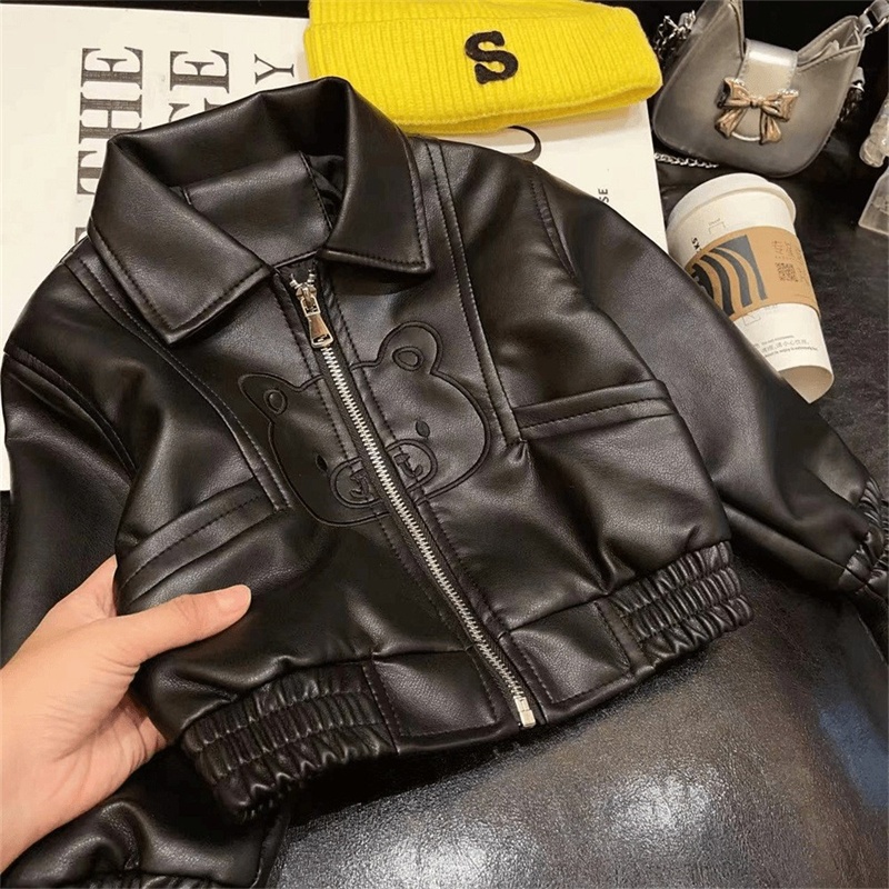 Jaqueta De Couro PU Para Meninos , Casaco De Outono Meninas , Roupas Casuais Infantis 1 A 8 Anos