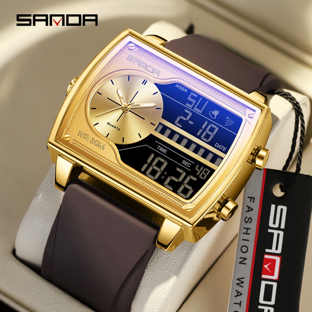SANDA Luxo 6163 Masculino Quartzo Eletrônico Tela Dupla Relógio À Prova Dwaterproof Água Contagem Regressiva Aço/Couro/B