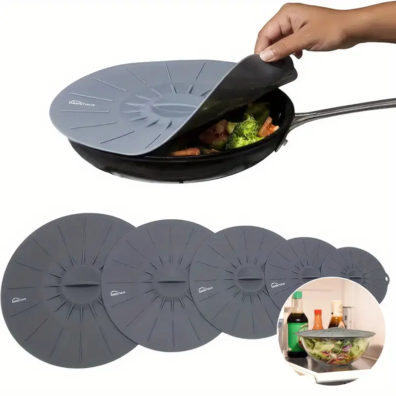 kit 5 peças Tampa de Silicone Resistentes ao Calor P/Micro-ondas panela CINZA Tampas de Su...