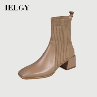IELGY Martin Botas Outono E Inverno Novas Grossas De Salto Médio Dedo Do Pé Quadrado Femininas De Malha Elástica
