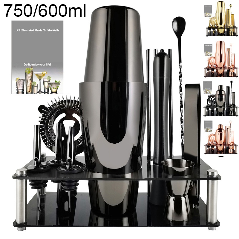 14 Pçs Rosa Ouro/Preto/Prata/Cocktail Shakers Boston Conjunto Kit Bartender Aço Inoxidável 750/600ml 550ml Barra Ferrame