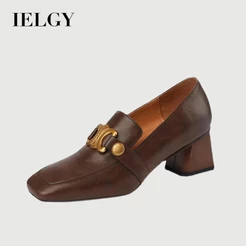 IELGY Feminino Retrô Estilo Francês Salto Grosso Bico Quadrado Todos Combinam Com Sapatos De Couro