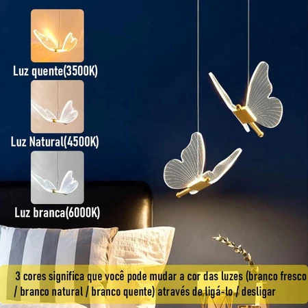 Pendente Dourado Borboleta De Luz LED de 3 cores em 1 luminária de teto do quarto Bivolt