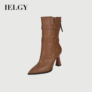 IELGY 2025 Inverno Nova Edição Coreana De Couro Salto Fino Apontou Toe Botas Magras Meados De Cano Alto Versátil Martin em Oferta na Shopee