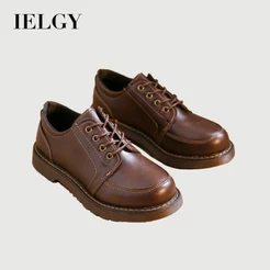 IELGY Marrom Lace-up Oxford Alguns Sapatos De Couro Feminino 2026 Preppy Vintage Com Saia