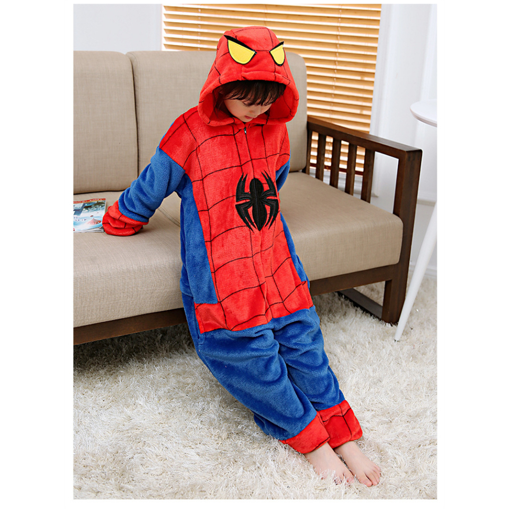 Homem-Aranha Pijamas De Uma Peça Meninos Macacão Quente Meninas Dos Desenhos Animados Com Capuz Outono Inverno Roupas De