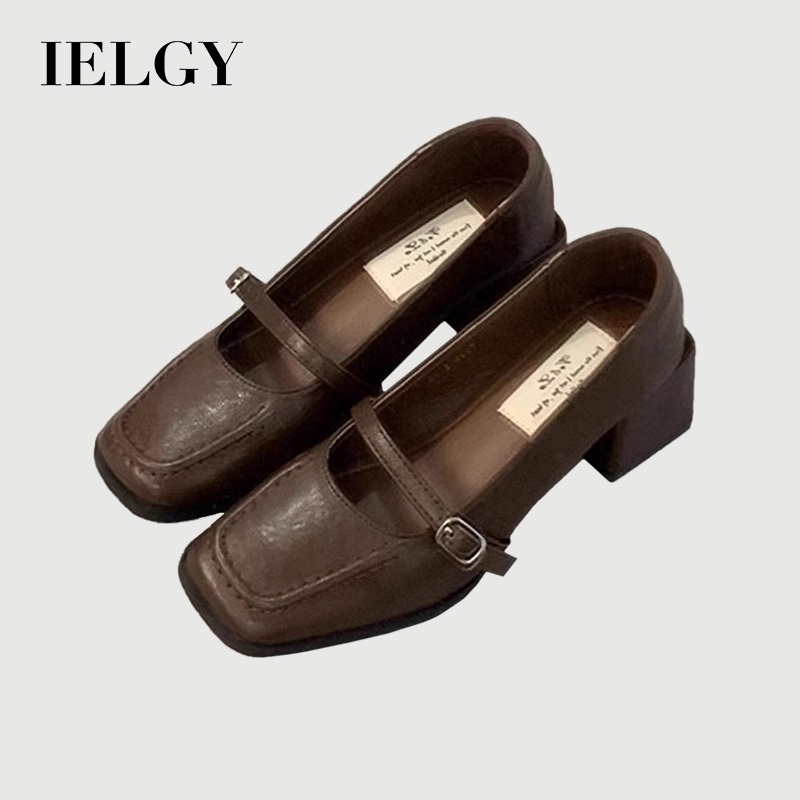 IELGY Retro Dedo Do Pé Quadrado Salto Alto Feminino Elegante Grosso Sapatos De Couro Mary Jane