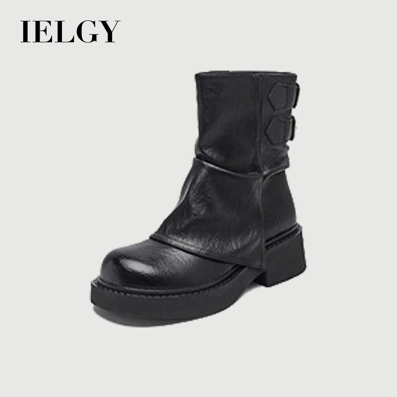 IELGY Botas Femininas De Cor Sólida Com Bico Redondo Plataforma Knight English Martin Boot Couro