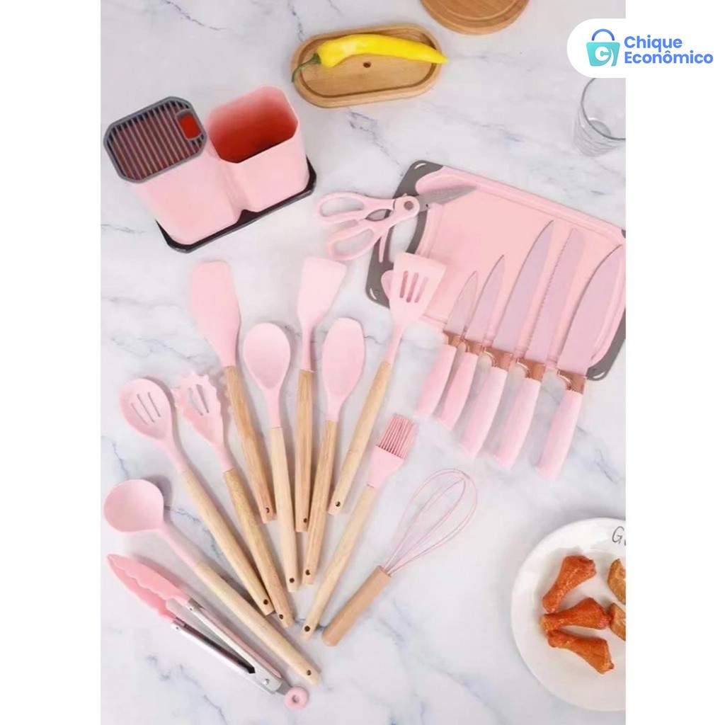 Kit Completo Jogo Utensílios de Cozinha Luxo 19 Peças Com Tábua em Silicone Espátula Faca Tesoura