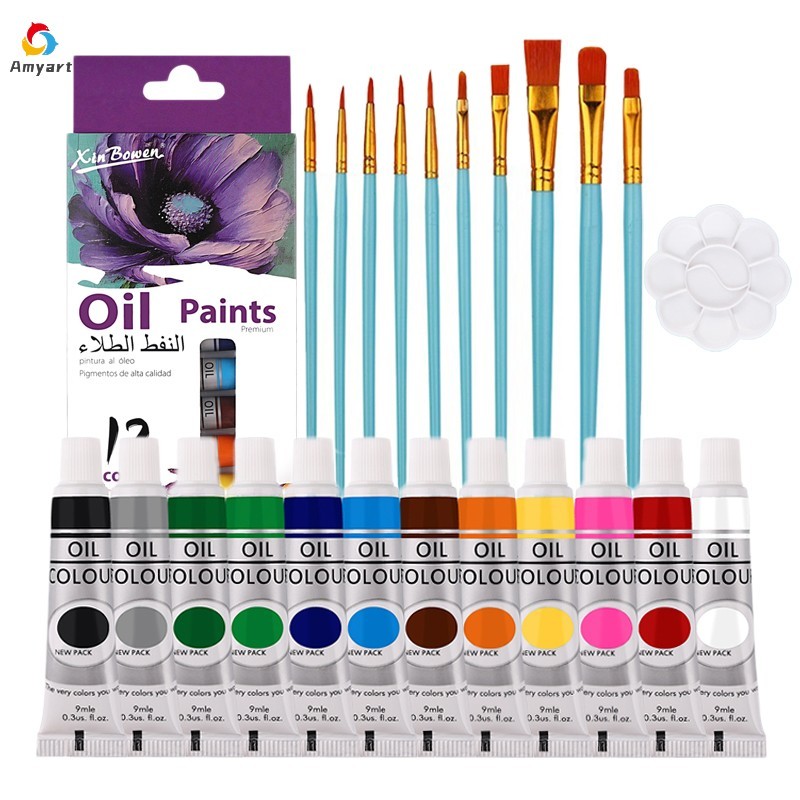 Tinta A Óleo Para Tela 12 Cores 9/12ml Kit Pintura Profissional Com Pincel E Paleta Para Iniciante Estudantes