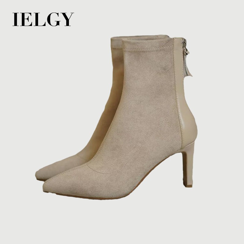 IELGY Apricot Botas Francesas Femininas De Camurça Com Salto Grosso E Cano Médio