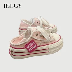 IELGY Rosa Borla Borda Crua Plataforma Sapatos De Lona Feminino Verão 2026 Novos Tabuleiro Versáteis De Duas Peças