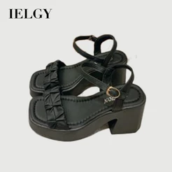 IELGY Sandálias Femininas De Salto Alto Cáqui Estilo Romano Com Bico Aberto Em PU