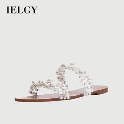 IELGY Feminino Estilo Coreano plus size Pérola Chinelos Planos De Uma Palavra