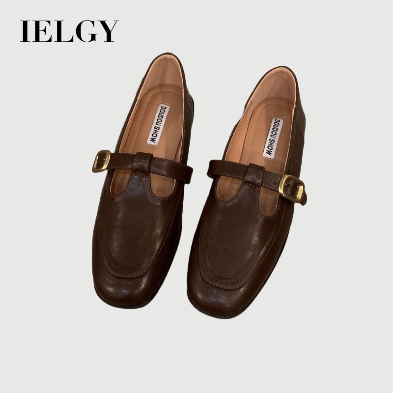 IELGY Sapatos Femininos De Couro Cabeludo Quadrado Plano Estilo Britânico 2025 Únicos Pretos Franceses Mary Jane em Oferta na Shopee