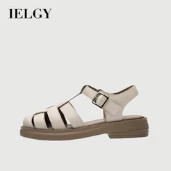 IELGY Sandálias Romanas Casuais De Couro Macio Feminino Verão Tecido Sola Macia Plana