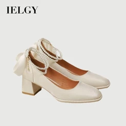 IELGY Sapatos De Casamento Vermelho Bloco Salto Quadrado Dedo Do Pé Borboleta Nós Alto Feminino Branco Dois Usar Pérola