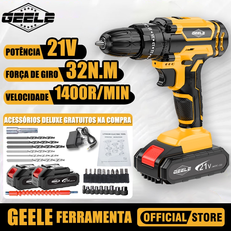 Parafusadeira/Furadeira 21V / Kit DUAS BATERIAS 1400r/min ﻿GEELE