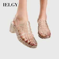 IELGY Coreia Roma Jelly Sandálias De Cristal Transparente Feminino Verão Estudante Salto Médio Antiderrapante Baotou Pra