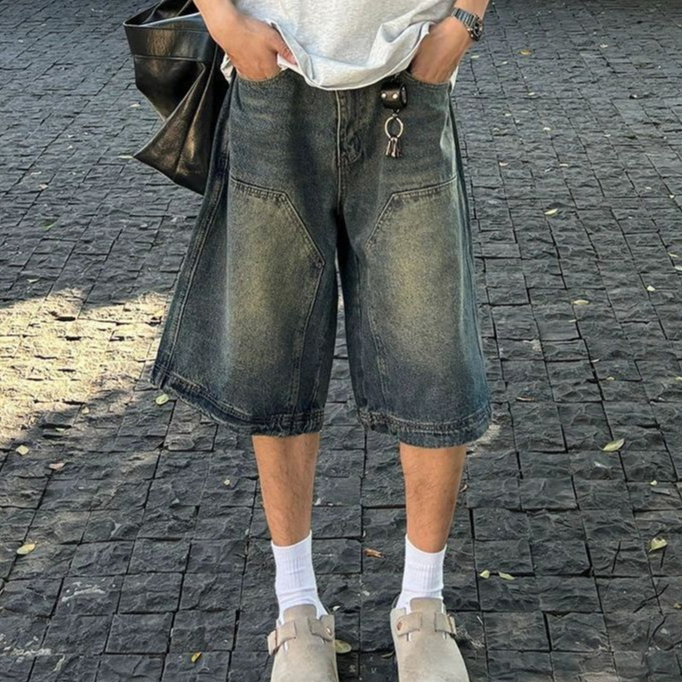 American street patchwork shorts Jeans Retrô Soltos Calças Cortadas Retas