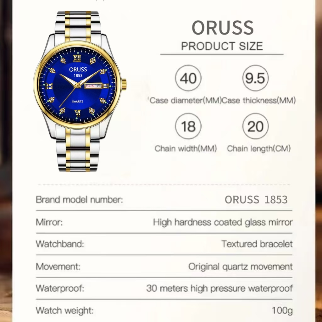 ORUSS Original masculino calendário duplo aço inoxidável luxo ouro/prata luminoso à prova dwaterproof água relógio de ne · foto 2