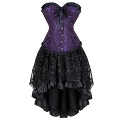 Vestido Espartilho Gótico Floral Bustiers Burlesque Rendas Até Espartilhos Saia Conjunto Showgirl Clubwear Trajes De Fes