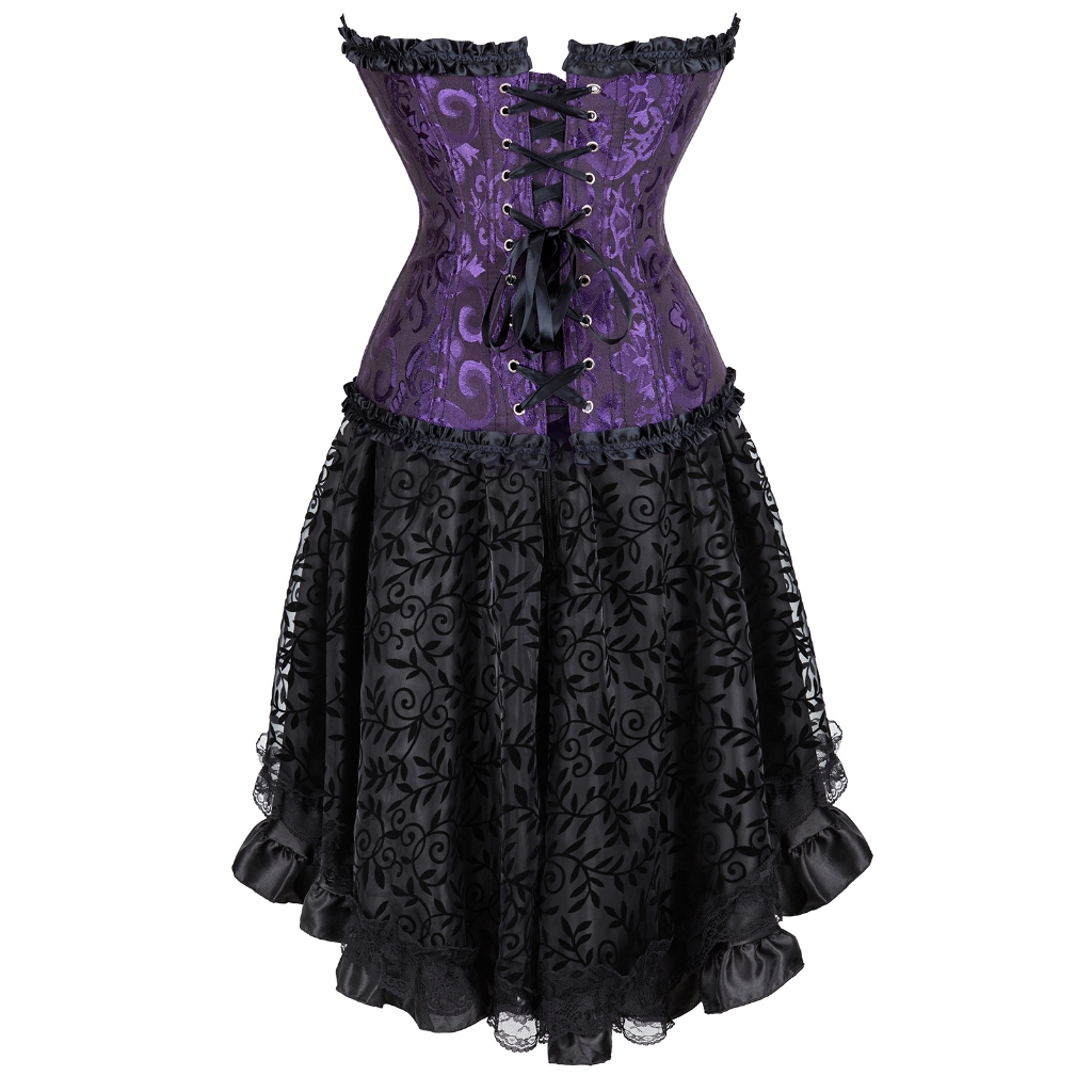 Vestido Espartilho Gótico Floral Bustiers Burlesque Rendas Até Espartilhos Saia Conjunto Showgirl Clubwear Trajes De Fes — imagem 2 de 2