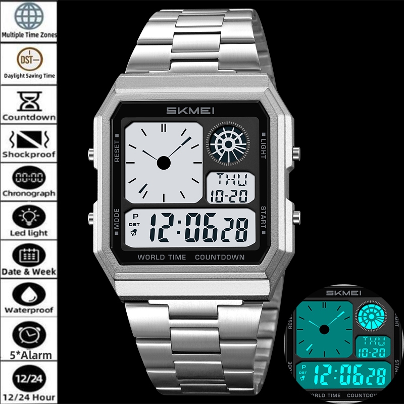 Skmei 5 Despertador Masculino Múltiplo Fuso Horário Analógico Display Digital Relógios Eletrônicos Para Homens LED Cronó