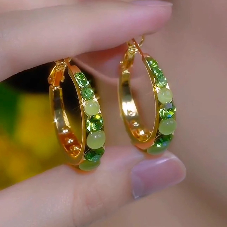 Primavera verão verde strass círculo brincos High-End luz luxo Retro temperamento brincos High-End