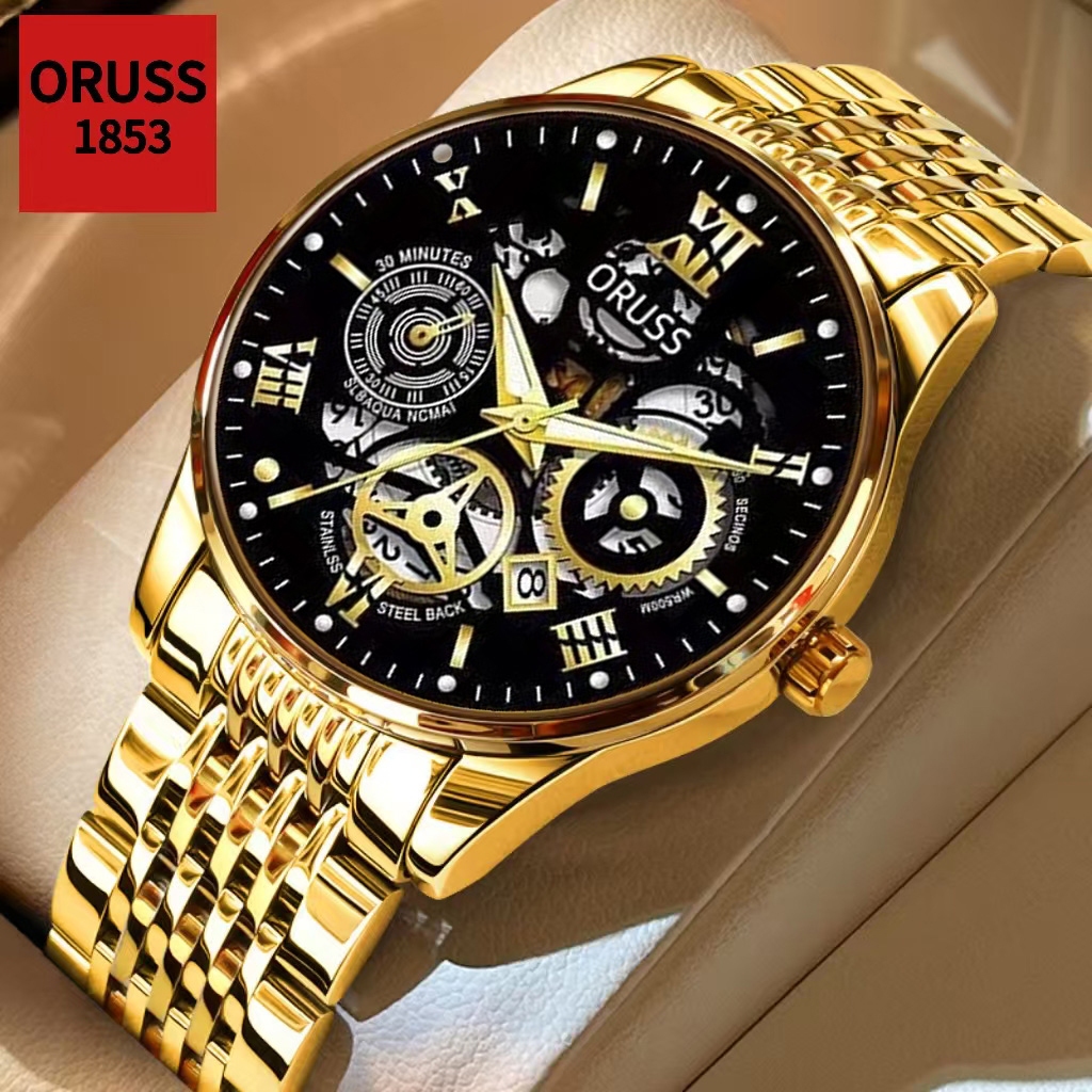 ORUSS Original masculino luxo oco aço inoxidável calendário de ouro luminoso à prova dwaterproof água relógio moda versã