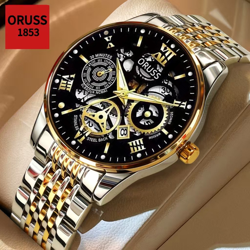 ORUSS Original masculino aço inoxidável oco calendário de luxo luminoso à prova