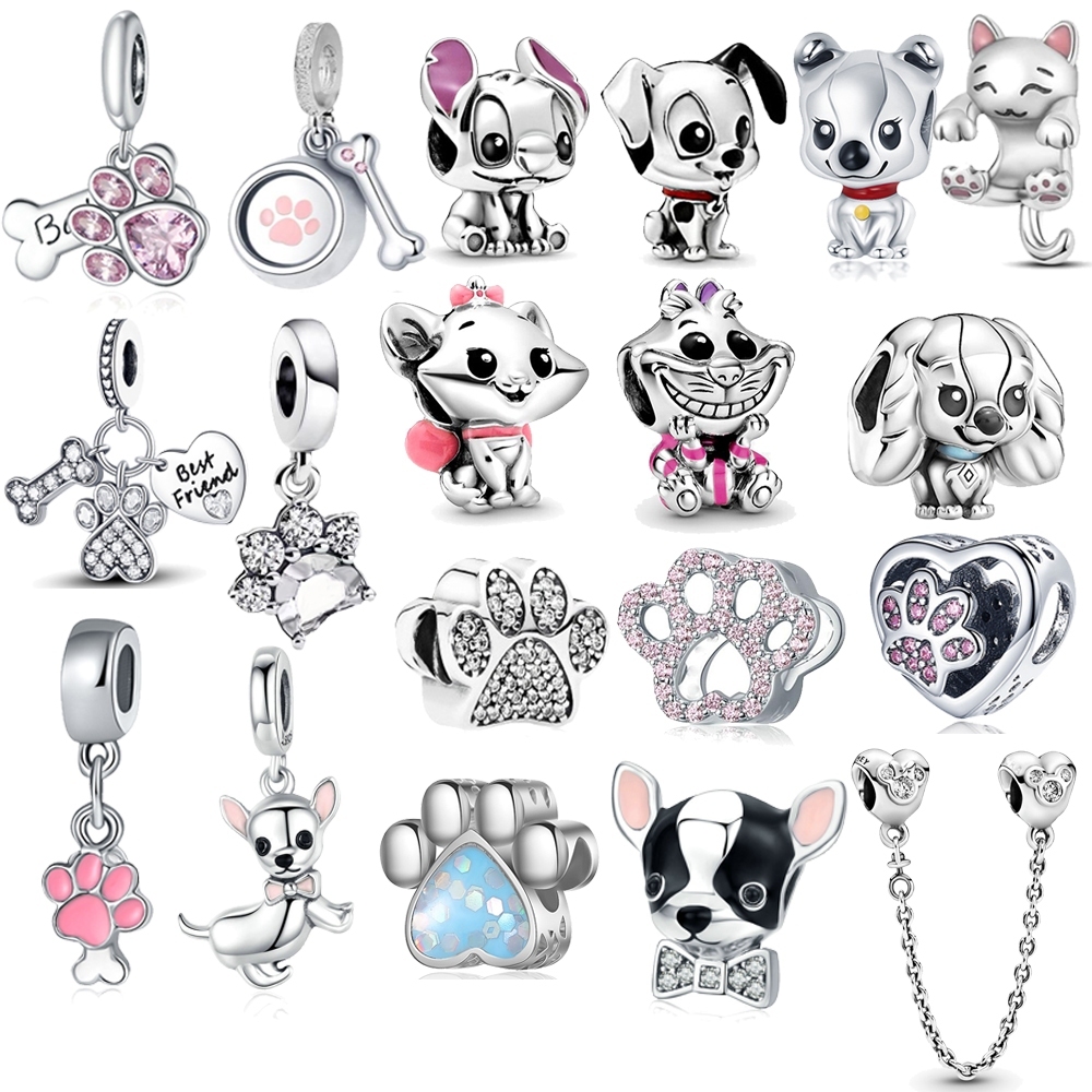 Berloques Prata 925 Encantos Rosa Bonito Cão Gato Garra Menina Jóias Pulseira Acessórios DIY
