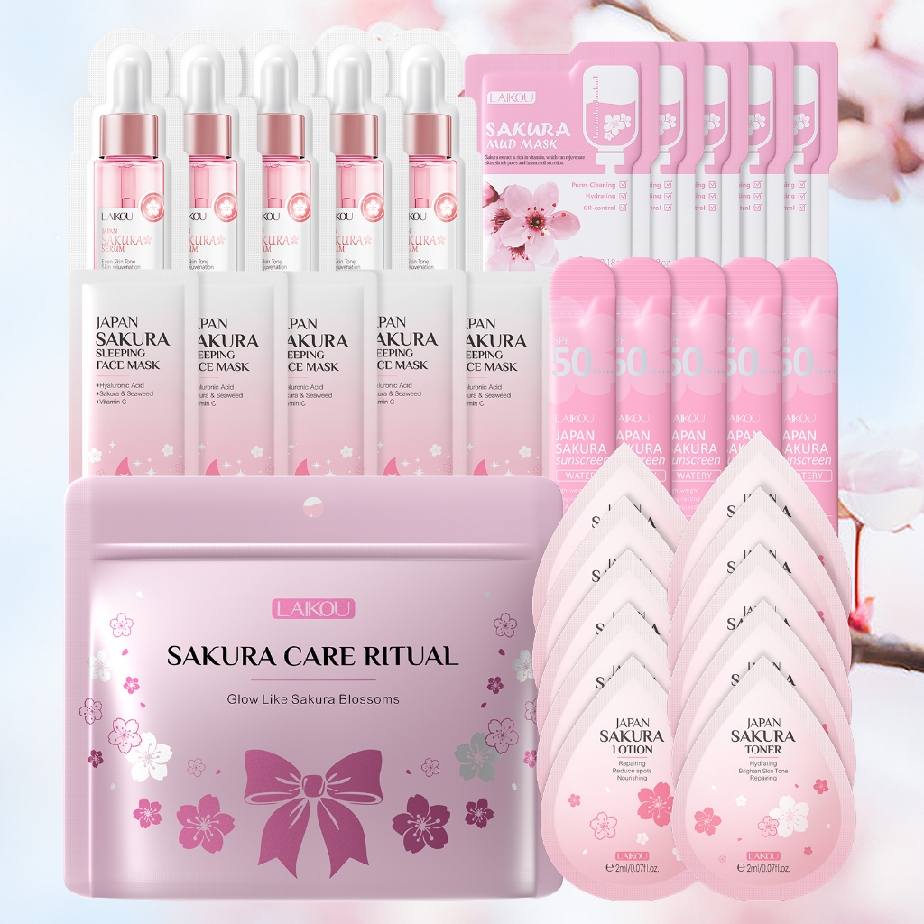 LAIKOU Sakura Glow Skincare Set 31pcs Com Saco De Presente Hidratação Radiante Da Pele Mesmo Tom De Hidratante