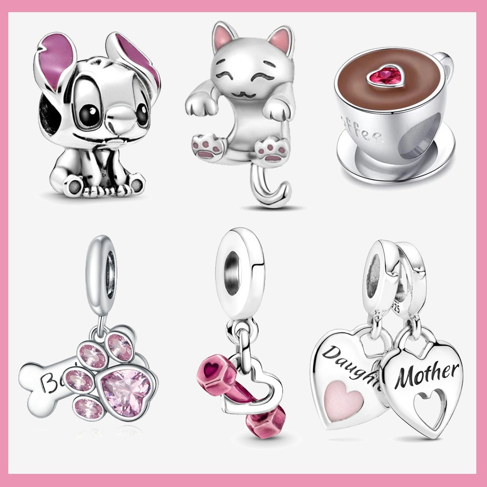 Berloque Pingentes Prata 925 Jóias Amuletos Charme Rose Coração Cão Clássico Acessório