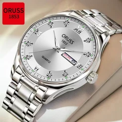 ORUSS Original masculino calendário duplo luxo prata aço inoxidável relógio luminoso à prova dwaterproof água moda versã