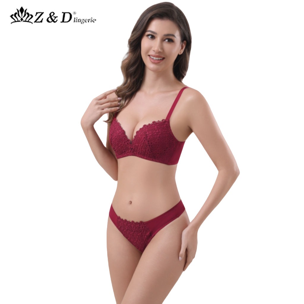 Z&D Lingerie Conjunto Sem Aro Com Renda De Bordado e Bojo Calcinha Fio Dental 8008